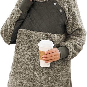 Women’s Sherpa Fleece Pullover – Quilted Snap Collar – Cozy Plush Sweater